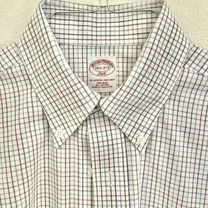 Brooks Brothers Men's Non-Iron Dress Shirt. White, Blue and Red Check 15.5-32/33